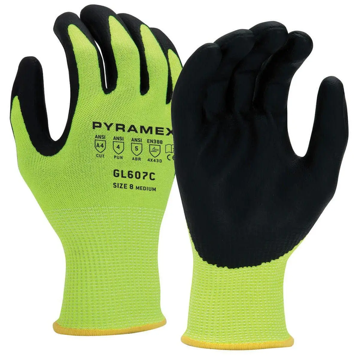 Pyramex GL607C Hi-Vis A4 Cut-Resistant Nitrile Foam Dipped Gloves, 13-Gauge HPPE, Latex Elastic Wrist, Good Grip, Dexterity, Work in Low-Light Conditions for Construction Workers