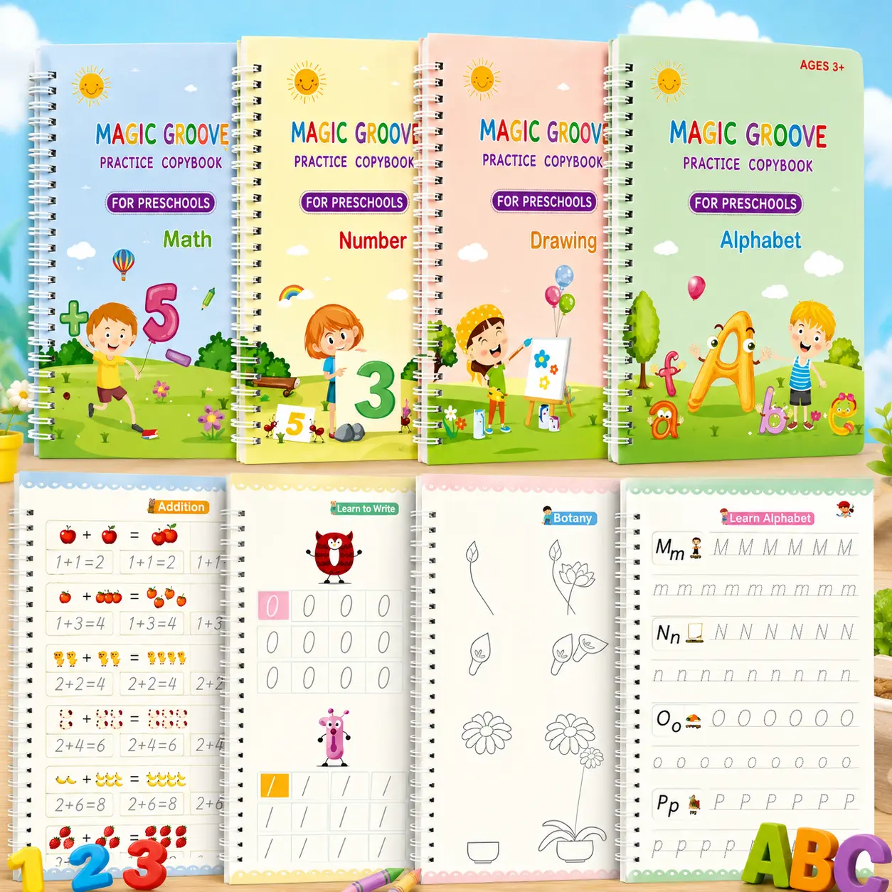 Kids Reusable Groove Handwriting Learning Tool Set - Back to School Haul Homeschool Supplies with 4 Magic Disappearing Ink Copybooks, 1 Pen, 10 Refills, Random-Color Grip, Paper Journal, Holidays Gifts for Kids Toddler Learning Activities, Christmas, Road