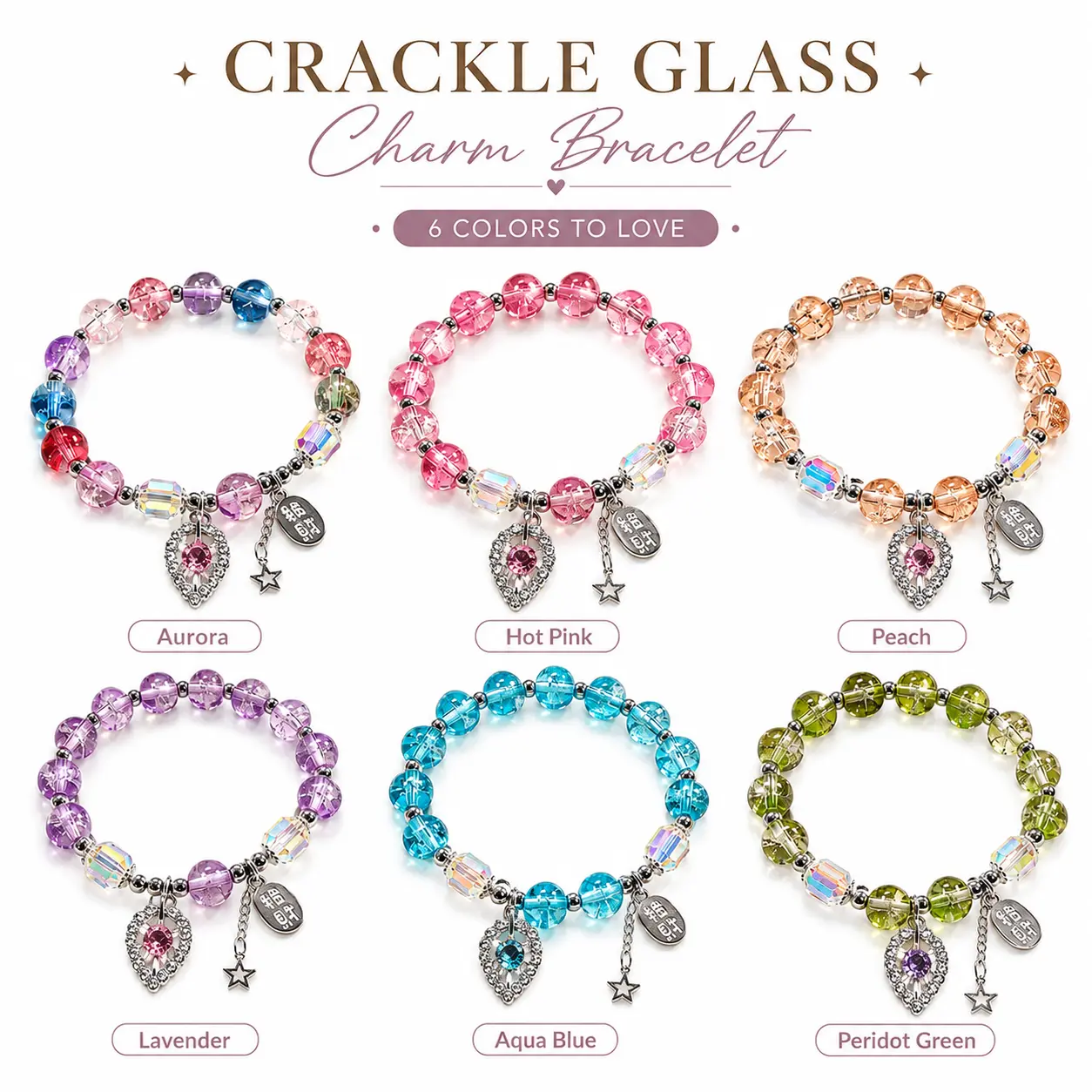 Colorful Crackle Glass Bead Charm Bracelet for Women, Silver-Tone Stretch Bracelet with Sparkling Rhinestone Teardrop, Star and Lucky Tag Charms, Cute Everyday Jewelry, Birthday Holiday Gift