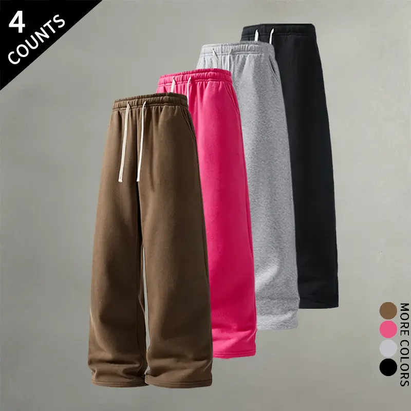 4PCS Casual Wide Leg Fleece Sweatpants Set - Men's Baggy Drawstring Waist Full Length Pants, Polyester Clothes for Jogging Wear, Streetwear & Gym, Men's Baggy Sweatpants