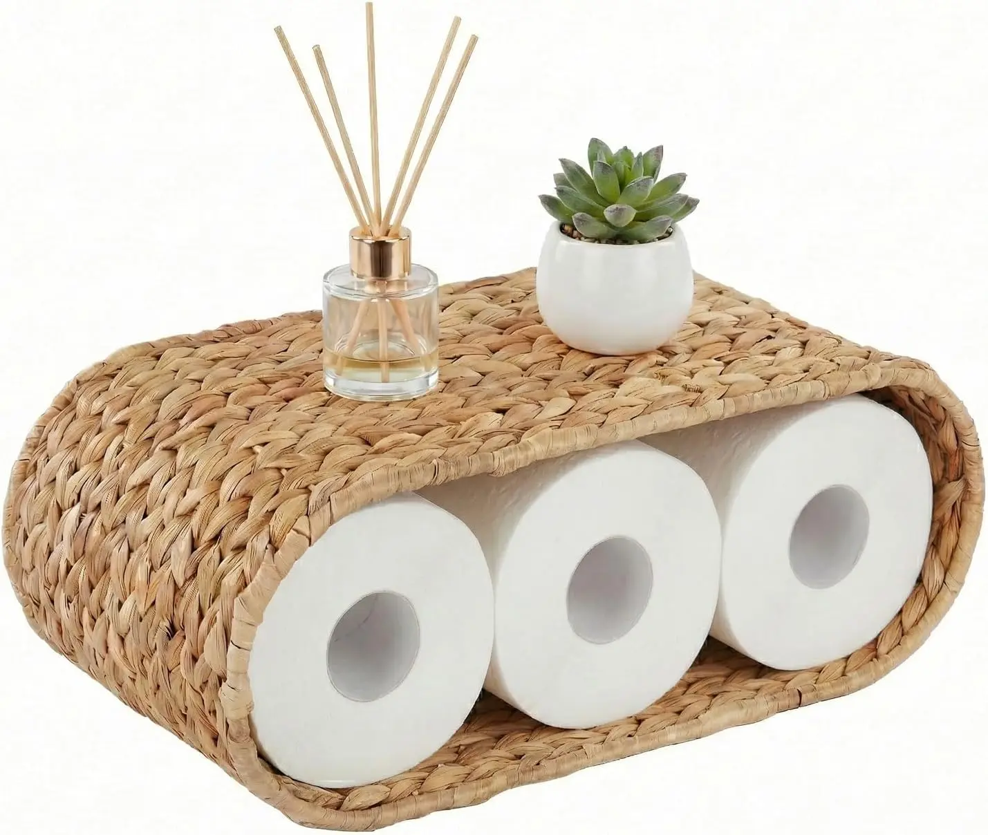 Wicker Wall Shelf for Bathroom, Rattan Hanging Toilet Paper Holder Basket | Handmade Water Hyacinth, Easy Installation, 8mm Metal Frame,2-Tier, Natural Bathroom Decor