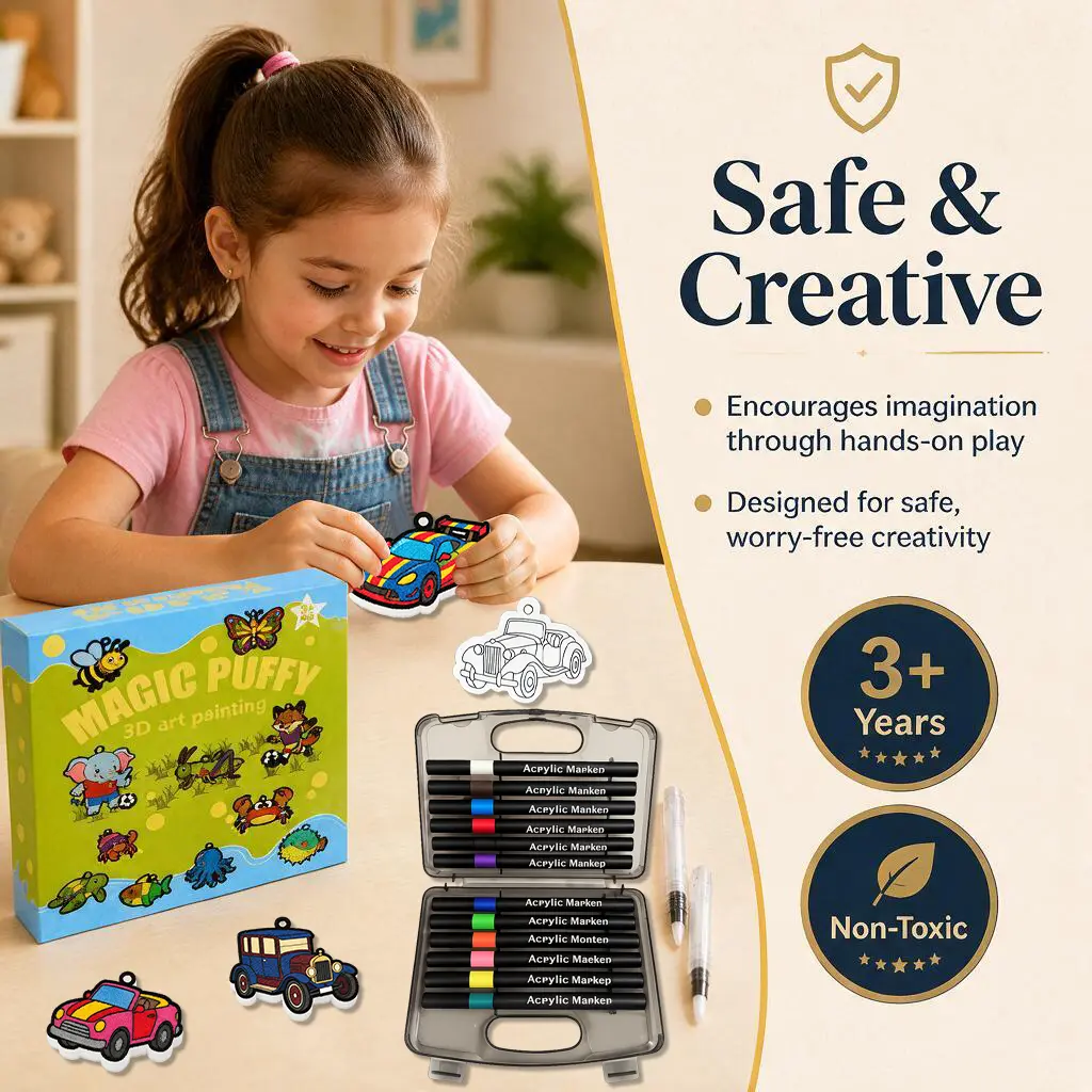 Kids' Magic Puffy 3D Art Painting Kit (Ages 3+), Safe Non-Toxic Acrylic Markers, DIY Decorative Supplies for Creativity Boosting