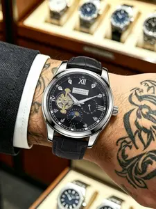 Luxury Men's Mechanical Watch, Analog Watch, Automatic Tourbillon, Moon Phase Display, Leather Strap, Waterproof, Night Light, Luminous Dial, Business Fashion Watch