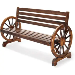 Outdoor Rustic Wooden Bench with Wagon Wheel Arms, 3 People Outdoor Bench Garden Bench Front Porch Furniture Patio Lawn Yard Park, Indoor and Ourdoor Decor