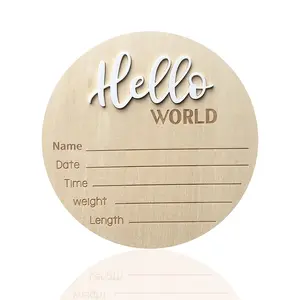 Baby Announcement Sign, ​ 5.9 Inch Wooden Hello World Newborn Signs, Birth Announcement Sign, Baby Shower Hospital Nursery for Newborn Boys and Girls (White)
