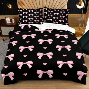 Black powder bow print pattern soft and durable bedding duvet cover set, including 1 duvet cover and 1 or 2 pillowcases, without a core or pillow core, suitable for children or adults as gifts, modern style fashionable bedroom bed decoration