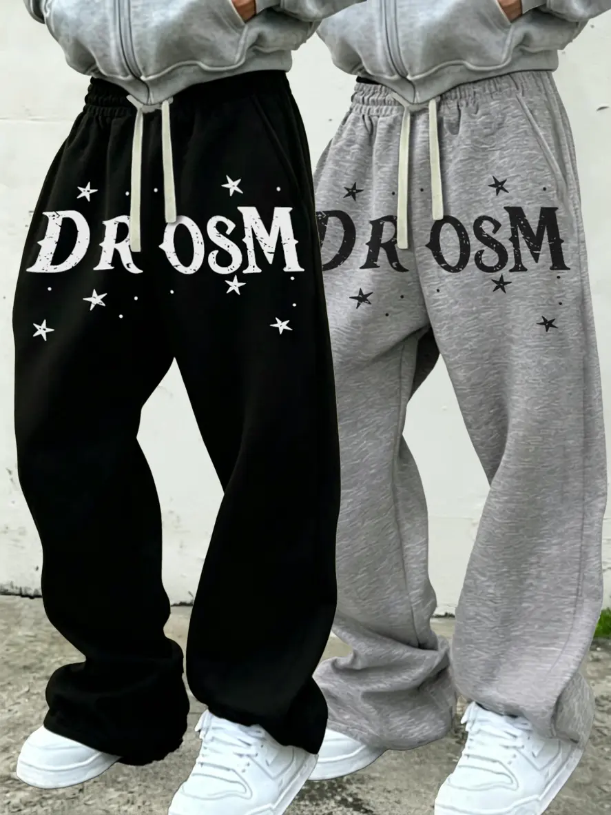 Men's 2-Piece Baggy Tracksuit, Casual Letter Print Streetwear, Full Length Yoga Sportswear for Fall & Winter, Athletic, Drawstring, Male, Polyester, Long, Loose-Fitting, Pants, Casual Sporty Set, Gym Casual Wear