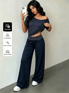 Women's Polka Dot 2-Piece Outfit, Navy Blue Off-Shoulder Short Sleeve Top and Wide Leg Pants Set, Soft Viscose Breathable Loungewear, Casual Skin-Friendly Matching Set for Daily Wear, Streetwear, and Errands, Comfortable Summer Co-ord Set, Womenswear