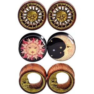 2g-13/16 inch Sun Moon Natural Wood Wooden Acrylic Ear Tunnels Plugs Piercing Gauge Expander Set
