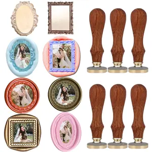 6pcs 3D Embossed Frame Wax Seal Stamp,Removable Brass Heads with 6 Wooden Handle,3D Relief Photo Frame Sealing Wax Stamp for Wedding Invitations Scrapbooking Letters Gift Christmas