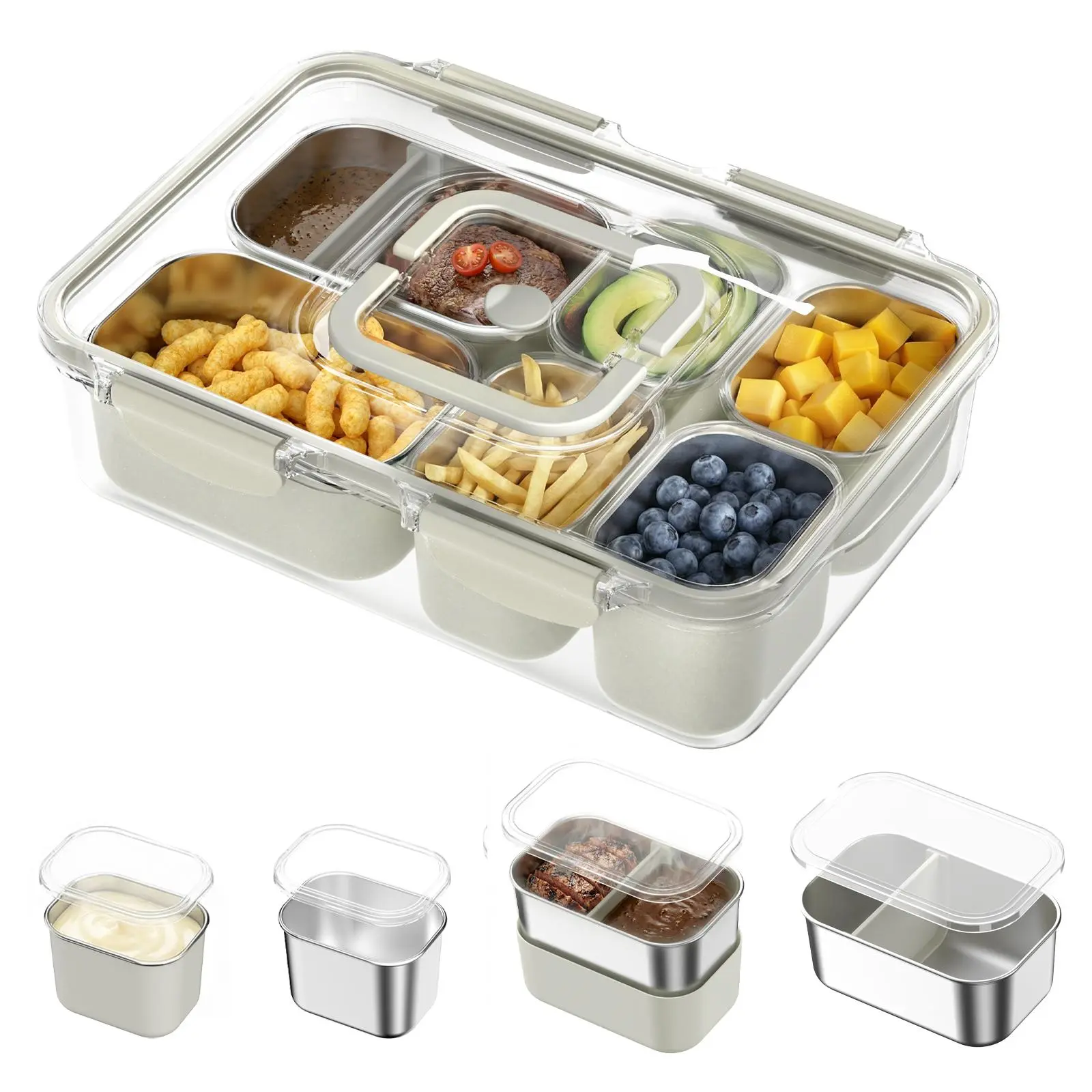 Sturdy 6-Compartment Stainless Steel Metal Snackle Box Container, Thermal Flexible BPA-Free Leak-Proof Dishwasher-Safe Container with Lid & Silicone Sleeve for Kids School Travel