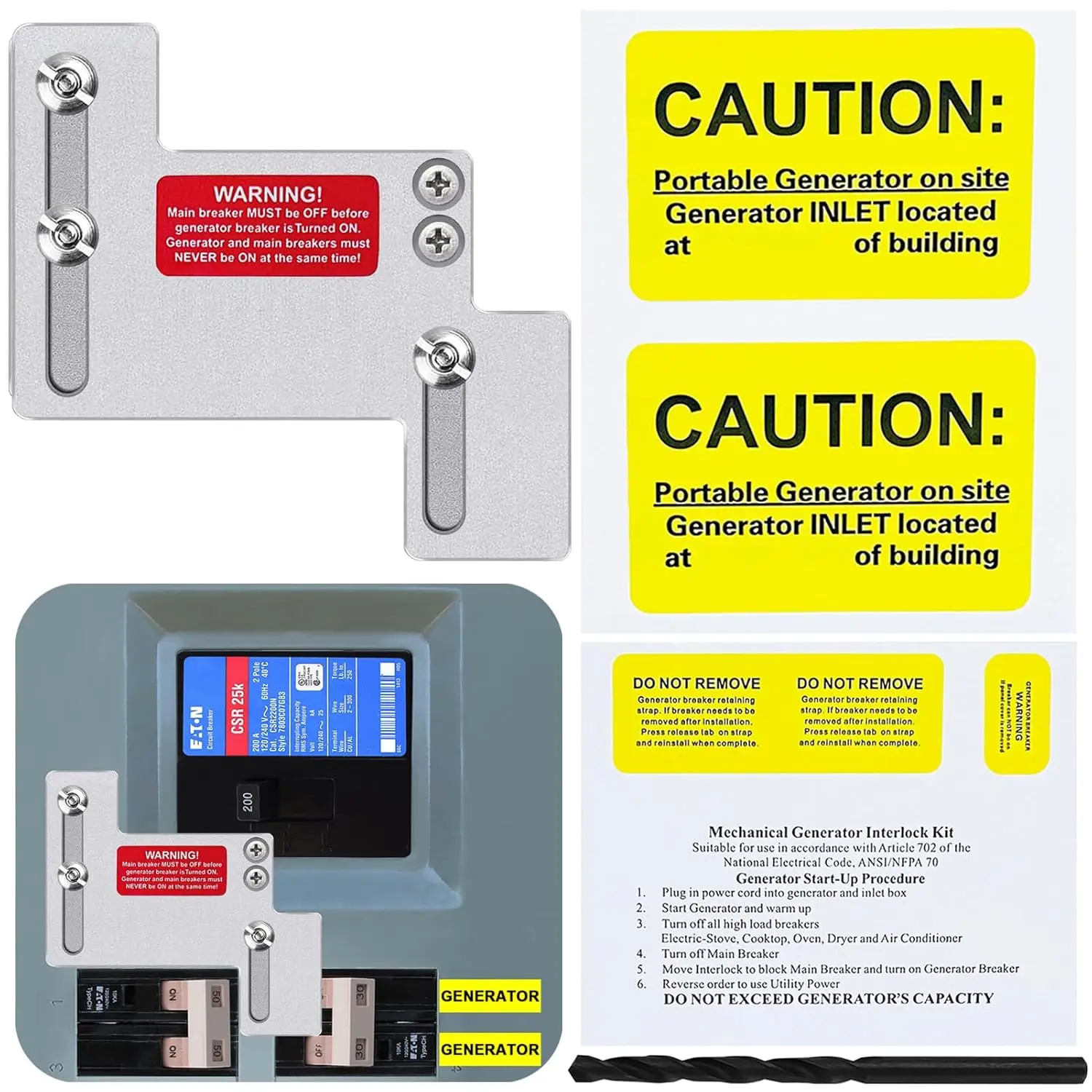 Cutler Hammer Type CH Series 150/200-Amp Panel Interlock Kit (TAN Breaker Only) – Horizontal Main Portable Accessory with 1.5-In Spacing, 1 Interlocking Plate, 1 Generator Start-Up Procedure Label, 2 Zip Ties, 3 Hex Nuts, 1 X Interlocking Plate, 1 X Nerat