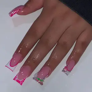 Rhinestone & Cherry Decor Fake Nails with 1 Nail File & 1 Sticker Sheet (24pcs/box), French Style Duckbill Shaped Press On Nails, Stick On Nails DIY Nail Art Kit, Christmas Gift, Nail Art Tools