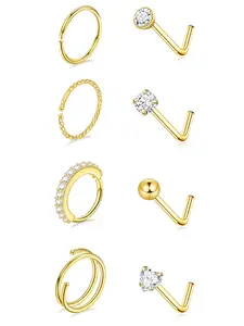 Women's Nose Ring Earring Jewelry Set, Stainless Steel Low Allergy, Geometric & Floral Patterns, Copper Chain Material, Elegant Design