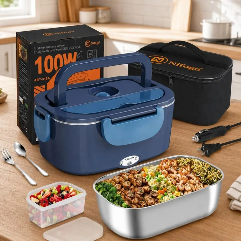 Electric Heated Lunch Box Lightweight Compact 100W 1.5L Food‑Grade 304 Stainless Steel Portable Food Warmer 12V/24V/110V Car Office
