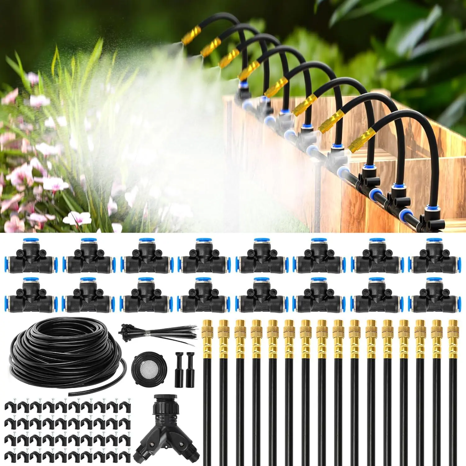 1 set of 100Ft 1/4" garden drip irrigation system set, used for watering flowers, vegetables, and succulents, suitable for outdoor plants, lawns, planting beds, potted plants, courtyards, and greenhouses