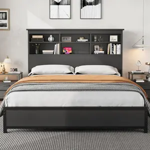 Queen Size Bed Frame with Bookcase Headboard, 2-Tier Storage Queen Platform Bed with Charging Station, No Box Spring Needed Easy Assemble Black Mattress Foundation
