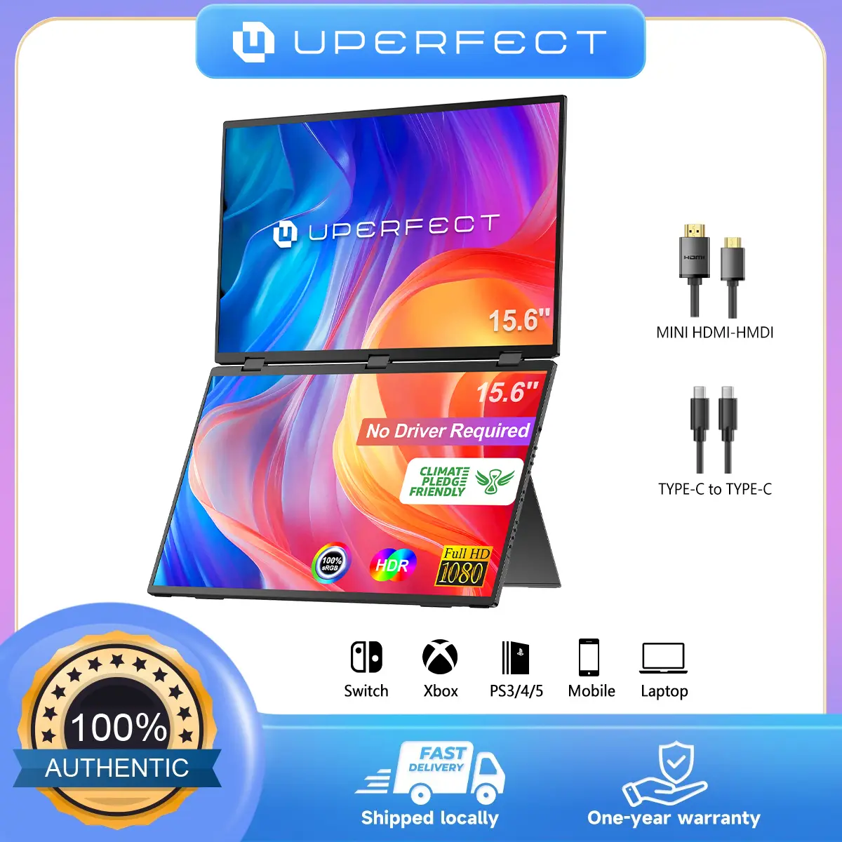 UPERFECT BE156MF 15.6 inches Portable Dual-Screen Monitor 1080P 60Hz 315 Nits Brightness Supports Single-Cable USB-C Connection Compatible with Mobile Phones, Computers, and Game Consoles Slim, Lightweight, and Portable Secondary Monitor for Computers