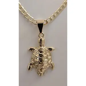 Yellow Gold Plated Tortoise 21 Inch Necklace with 4mm Curb Link Chain & 1 Inch Pendant for Daily Casual Wear Fashion Jewelry