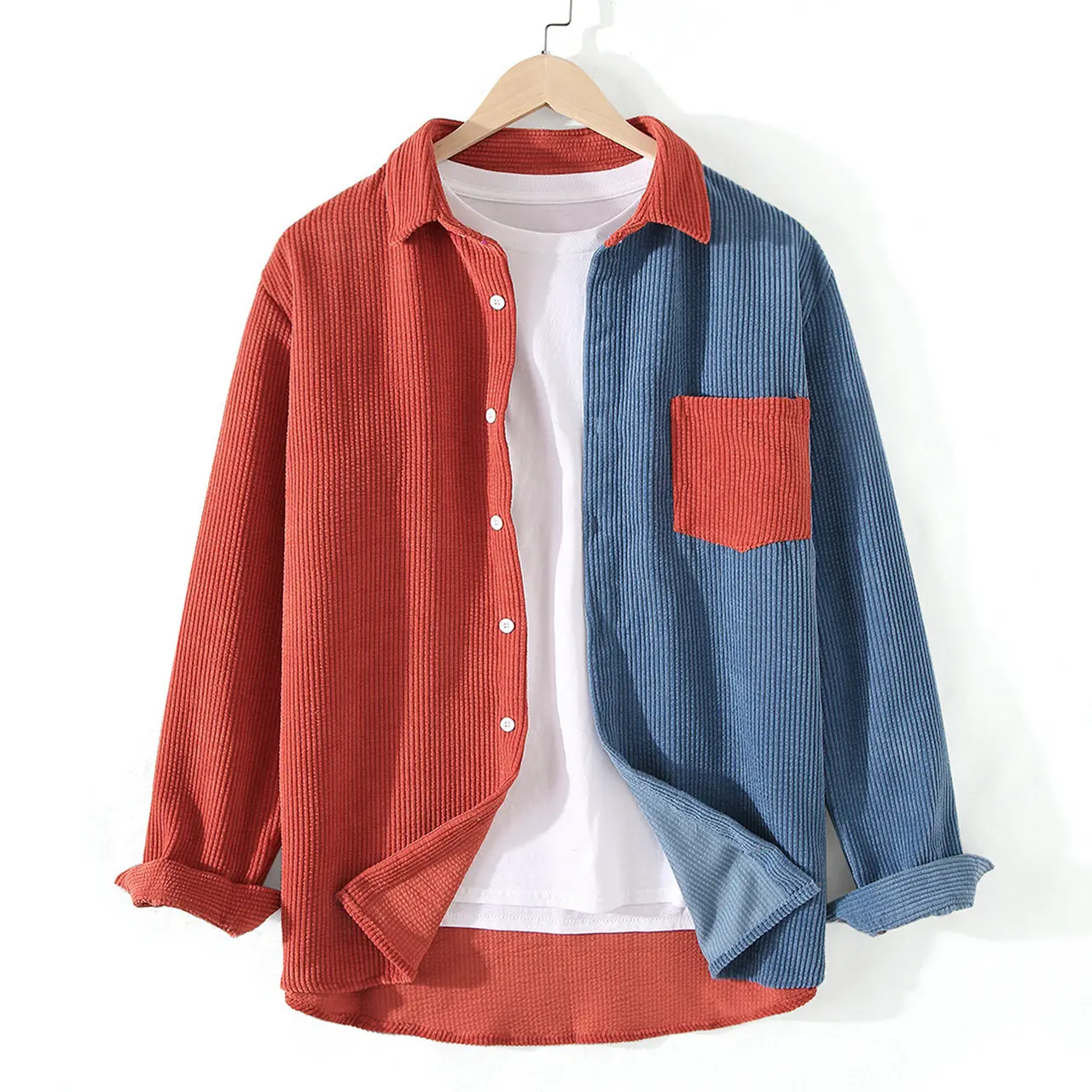 Men's Corduroy Vintage Color Block Button-Down Overshirt, Relaxed-Fit Long-Sleeve Casual Shirt for Work & Daily Wear