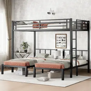 Twin over Twin & Queen Bunk Bed, Metal Triple Bunk Bed with Safety Guardrails,Space-Saving/Noise Reduced,Black