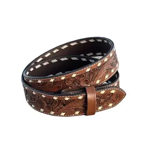 Tooled Belt - 100% Genuine Leather with Snap Closure - Classic Western Edge Design - Sold Without Buckle - Softens with Time
