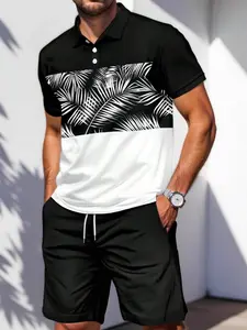 Light Mature Style Vacation Matching Polo Set, Patchwork Palm Leaf Graphic Print Top + Shorts, Casual Slim-Fitting Clothing Set