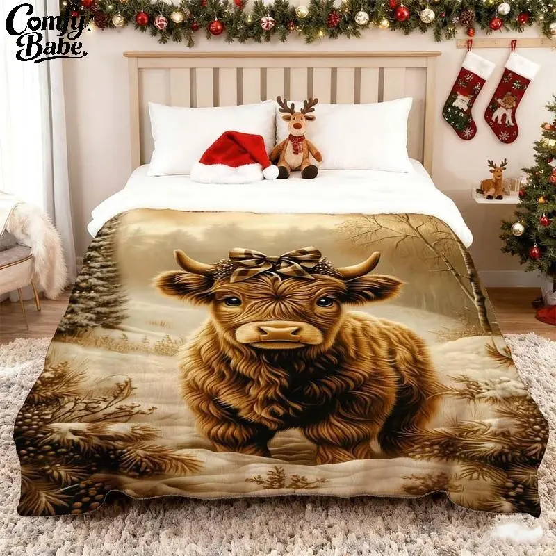 Cute Highland Cow Flannel Throw Blanket, Winter Cow with Bow Soft Cozy Blanket for Couch Bed Sofa, Rustic Farmhouse Decor and Cow Lover Gift