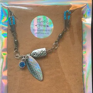 Blue Hat Chain with Fish and Leaf Charms in Silver and Blue Colors