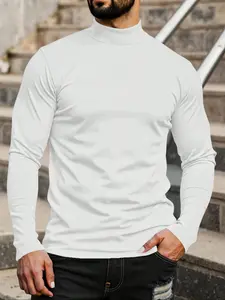 Men's Casual Slim-Fit High Neck Knit Long Sleeve Shirt Knitwear, Lightweight Comfortable Daily Wear Top, Spring & Fall Fashion Clothing