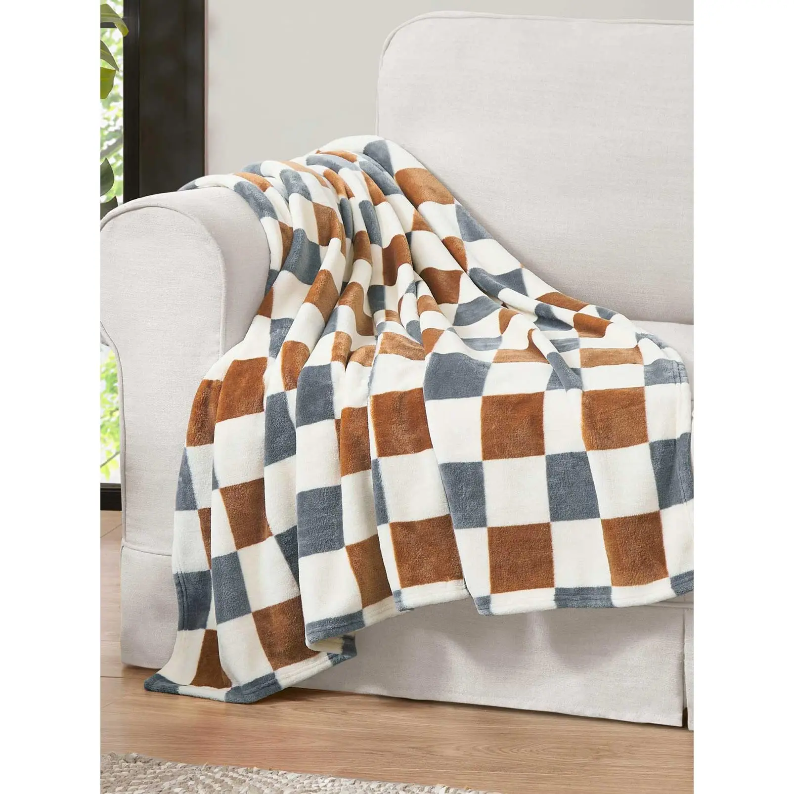 Emery Checkerboard Plush Throw in Rust & Grey