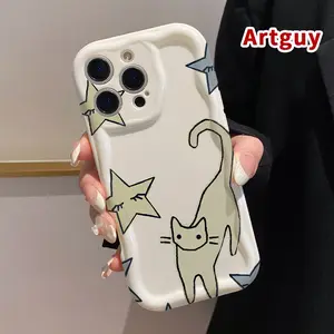 Cream Phone Case for iPhone 16 Pro Max 15 Plus 14 13 12 11 XS XR Cat among Stars Pattern Curly Wave Frame Pocket-Friendly Shockproof Silicone Protective SoftCream Case Cellphone Casing