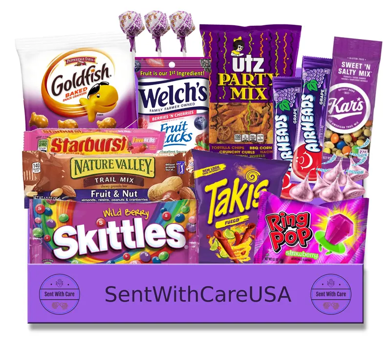 Purple Snack Box & Purple Gift Basket | Purple Party Gift Idea College Snack Box | Name Brand Snacks & Candy - Birthday Gift Idea Party Favor snack  tok