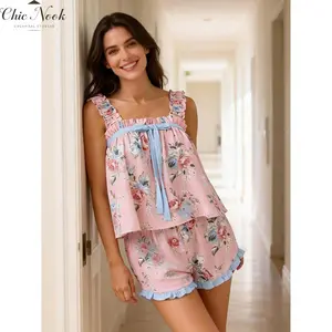 Women's 2 Piece Pajama Set Tie Shoulder Peplum Cami Top Ruffle Coquette Pj Set Floral Babydoll 2 Piece Shorts Outfit