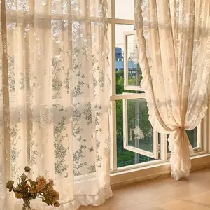 1pc Vintage Gentle Rose & Butterfly Sheer Rod Pocket Curtains - Beige/White, 3-Side Ruffled Edge & Exquisite Jacquard, Light-Filtering, Private & Indoor Use, Vintage Decor