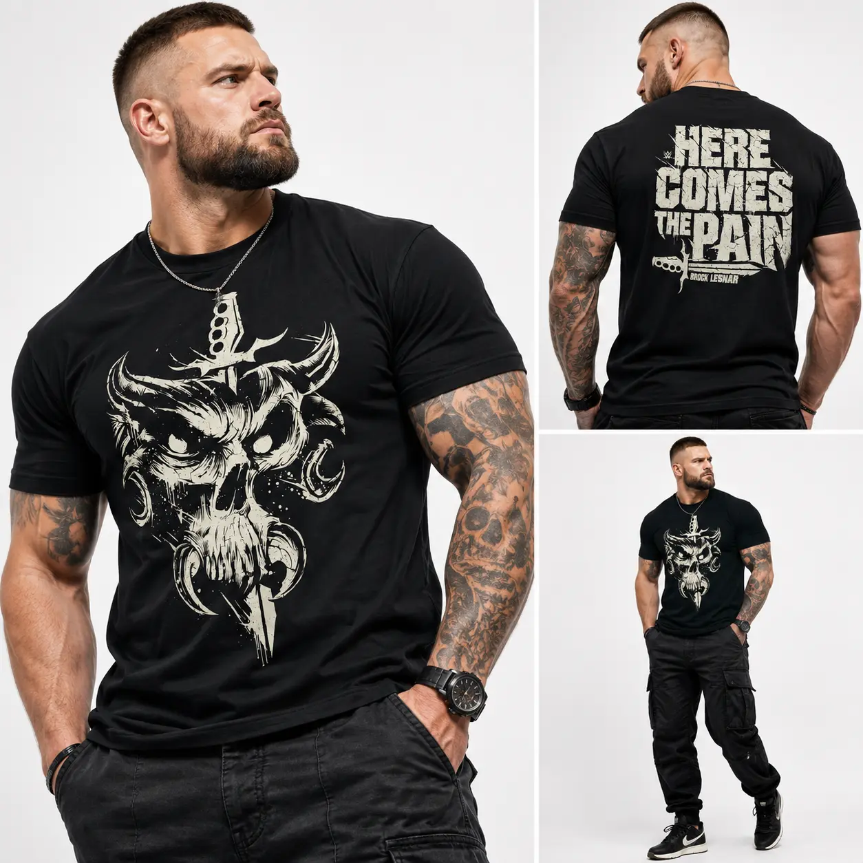 Menswear Round Neck Shortsleeve T-Shirt - Brock Lesnar Here Comes The Pain Graphic Top, Beast Incarnate Wrestling Streetwear, Casual Gift for WWE Fans