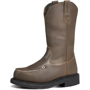 Steel Toe Work Boots - Puncture Proof with Steel Shank, GoodyearWelt, Full-Grain Leather, Oil & Slip Resistant, Pull-On Moc Design - Ideal for Construction and Farming (Dark Brown, Sizes 7-14)