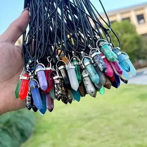 10/20/30pcs Multi-Color Crystal Pointed Chakra Pendant, Black LeatherNecklace Chain Necklace Jewelry, Chakra Crystal Gemstone PendantNecklace Set With Hexagonal Bullet Shaped Quartz Stones + LeatherChain, New Year Gifts