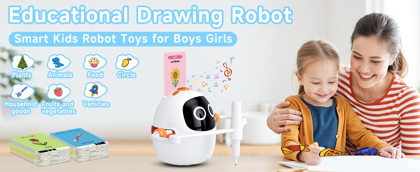 Drawing Robot for Kids, Montessori Painting Learning Toys, Voice Interactive Educational Drawing Machine with 220 Word Cards for 3 4 5 6 7 8 Year Old Boys Girls Gift