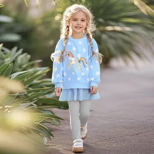 Toddler & Kids Blue Unicorn Polka Dot Sweatshirt with Grey Leggings Outfit