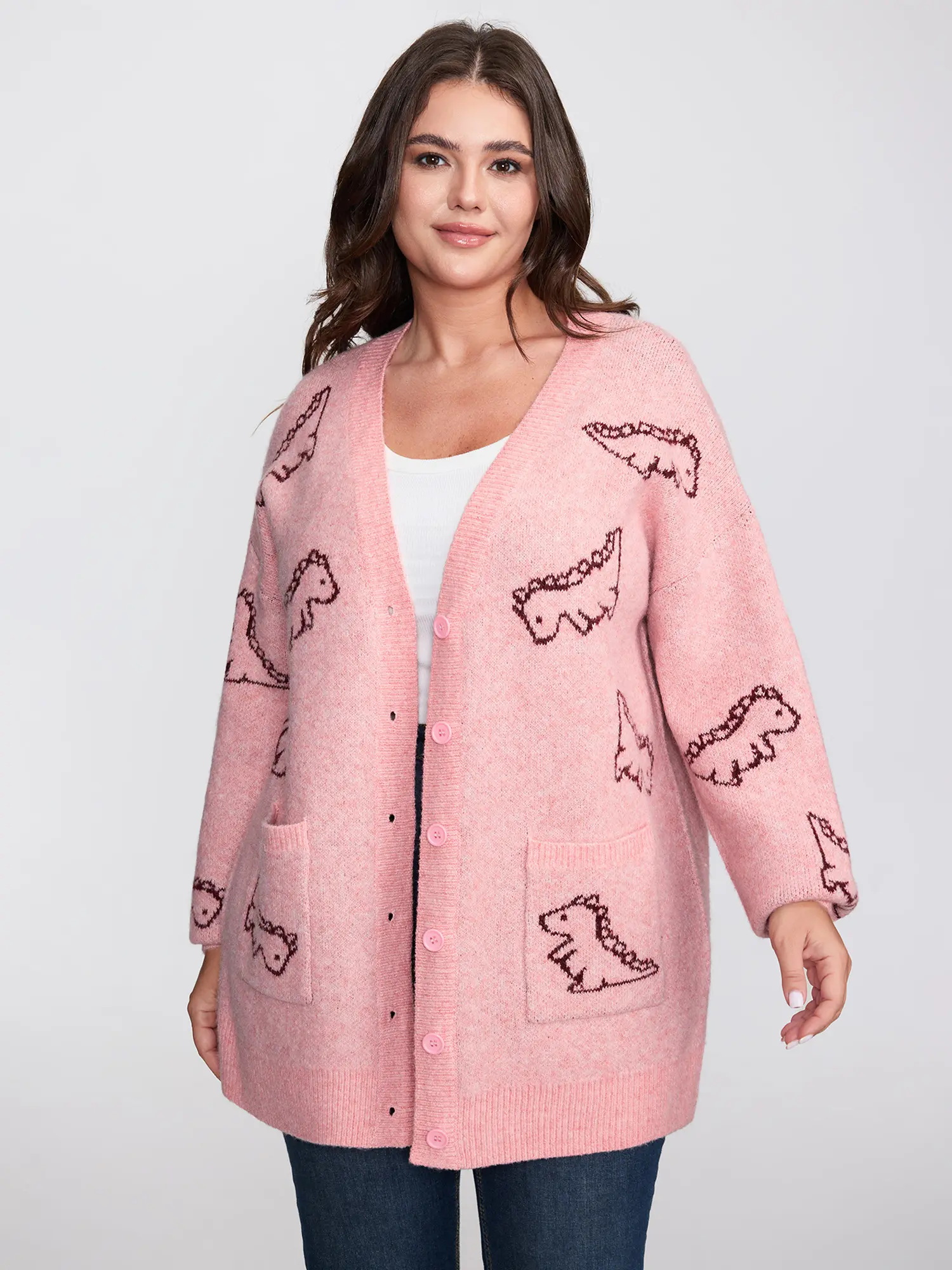 BloomChic Women's Plus Size Knit Cardigan [M-6X] - Cute Jacquard Print V Neck Sweater, Long Sleeve Relaxed Fit Layering Top with Pocket, Casual Summer Everyday Outfit,Summerfinds
