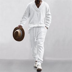 KZZ Men's Two-Piece Set Solid-Color Jacquard V-Neck Top & Drawstring Waist Pants Regular Fit Casual-Formal Long-Sleeve Pullover with Pockets Everyday Wear SpringStatements - Outfit, Menswear