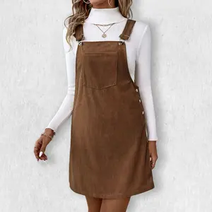 Women's Corduroy Pinafore Dress, Vintage Overall Dress with Pockets, Retro a-Line Jumper Dress Coffee Brown,XL