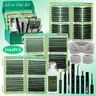 1664pcs/set D Curl Individual Cluster Lash Clusters Kit, 12 Styles Cat-Eye & Volume Lashes Book with Bond and Seal, Lash Remover, Brush, Applicator, Headband, Wristband & Lash Shampoo, Perfect for Beginners & Professionals, DIY Eyelashes Kit Extensions