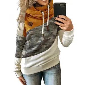 Womens Vintage Camo Color Block Cowl Neck Hoodie Pullover Sweatshirt Soft Warm Cozy Streetwear Casual Daily Lounge Trendy Fall Winter Fashion Camo Hoodie Trend Essential Versatile Cold Weather Wear Trendy Womens Loungewear