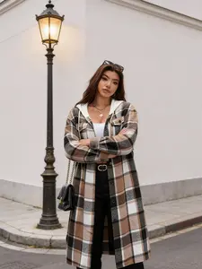 A women's retro-style long coat in coffee color, featuring a hood, checkered pattern, and two pockets, suitable for commuting, daily wear, and vacations, Casual Longline Outerwear