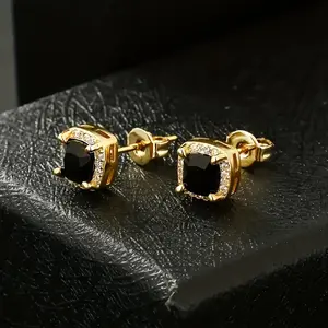 Black Zirconia Stud Earrings In 6mm Square Shape, A Cool And Stylish Accessory With A Hip-hop Punk Vibe For Men.