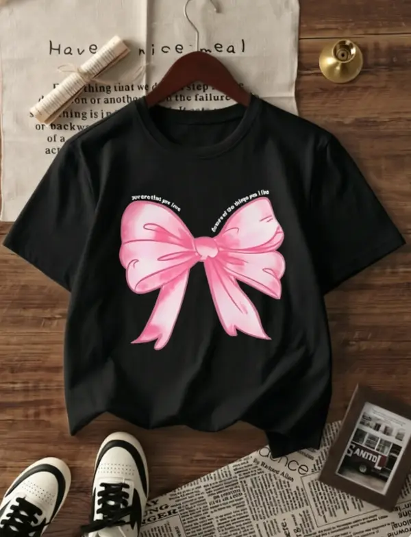 Retro y2k edgy sweet gradient pink bow slogan print t-shirt vintage street photo shoot summer breathable pure cotton oversized women short sleeve tee