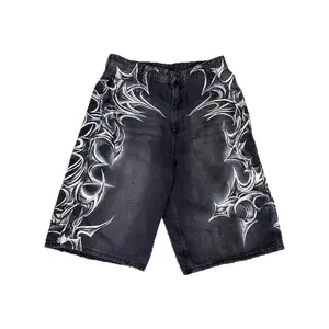 Retro Gothic Printed Denim Shorts, Unisex Loose Five-Point Pants for Summer Hip-Hop Harajuku Street Style
