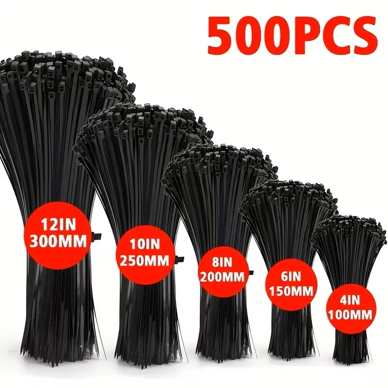 500pcs Self-Locking Zipper Tie Straps, Various Sizes 300/250/200/150/100mm, Ideal for Home Office Garden Workshop Cable Management Organizer, Durable